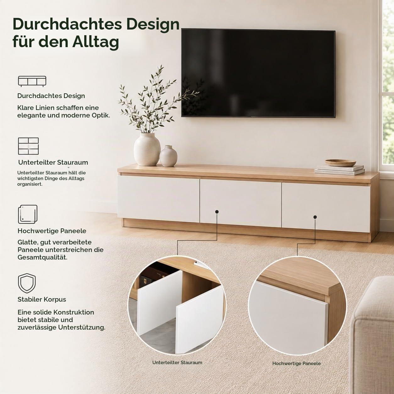 240CM Holz Lowboard für Wohnzimmer - Wasserfest und Fleckenresistent