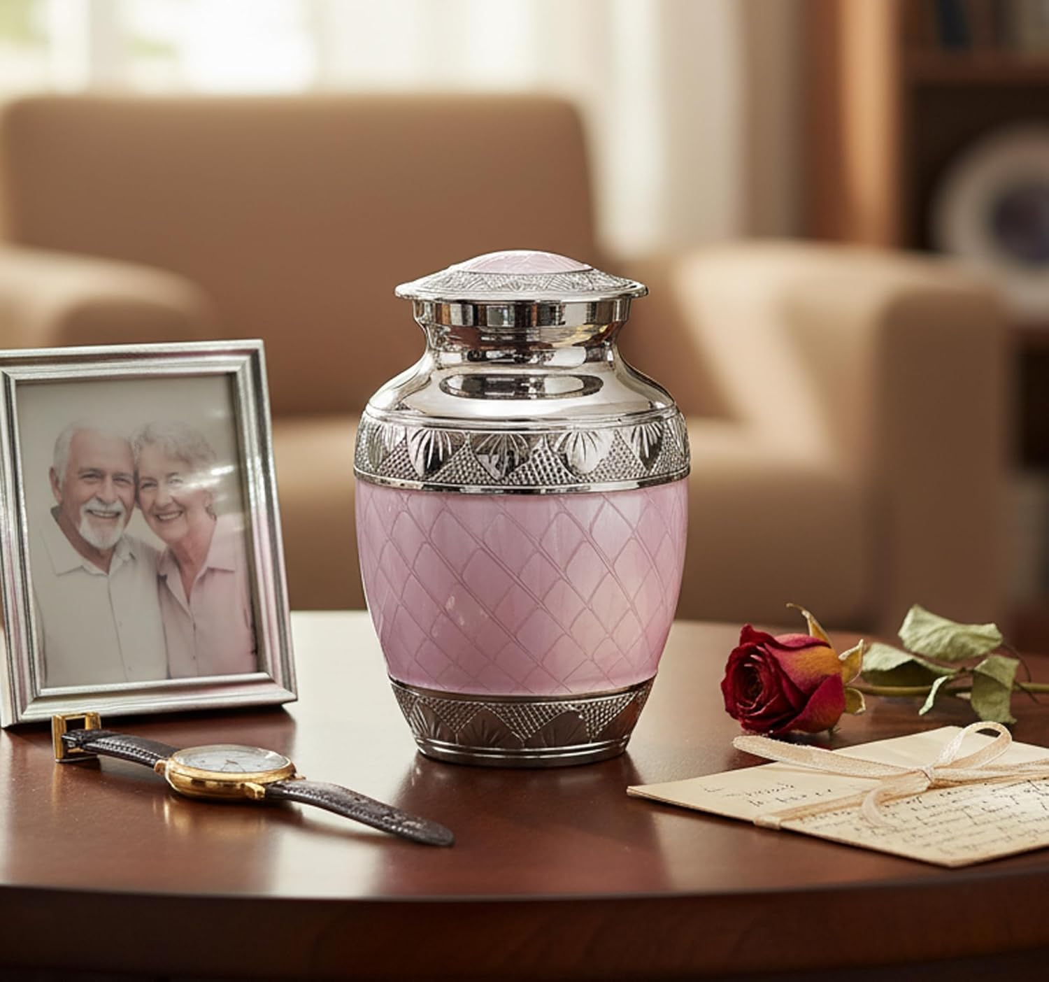Size 6 Color Pink eSplanade Metal Cremation Urn Memorial Jar Pot Container | Medium Size Urn for Funeral Ashes Burial | Engraved Metal Urn | Pink - 6 Inches