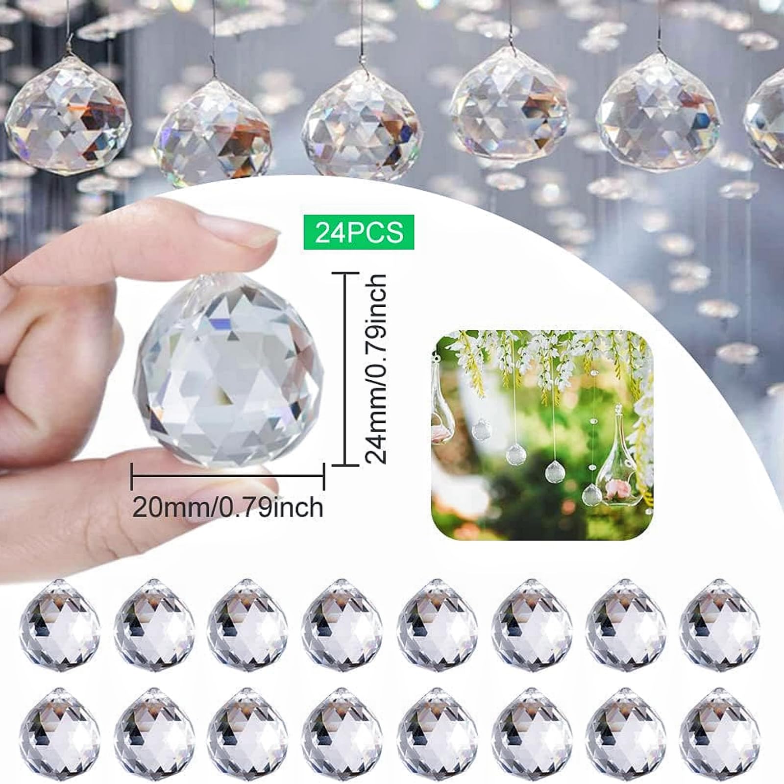 24 Pz Prisma Sfera di Cristallo,Cristalli a Forma di Diamante da Appendere,Cristallo Palla di Vetro Pendente Decorazione per Lampadari a Soffitto,Finestre,Giardini (24 * 20MM)