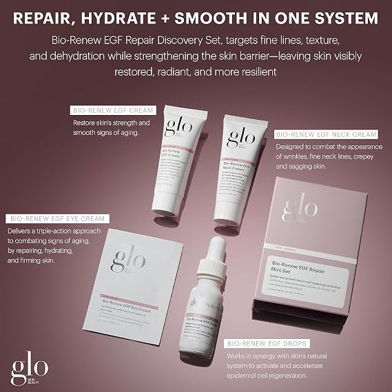 Glo Skin Beauty Bio-Renew EGF Anti-Aging Travel Discovery Set, 4 pc | EGF-powered travel size skincare set, hydrates, smooths, renews skin, anti-aging kit for women, gift set, $196 value