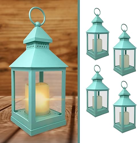 Miniatura 4 de Farol decorativo verde azulado  Juego de 4 faroles con velas sin llama y control remoto  Incluye temporizador de 4 horas  9 38 pulgadas de alto