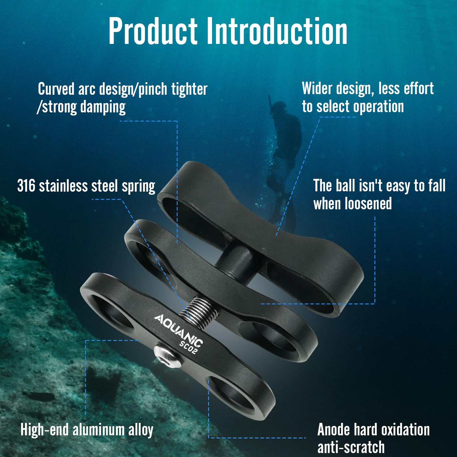 Support de serrage à boule standard de 2,5 cm, support adaptateur à clip à 360° pour système de bras de lampe de plongée sous-marine, système de bras de lampe de poche, appareil photo, appareil photo