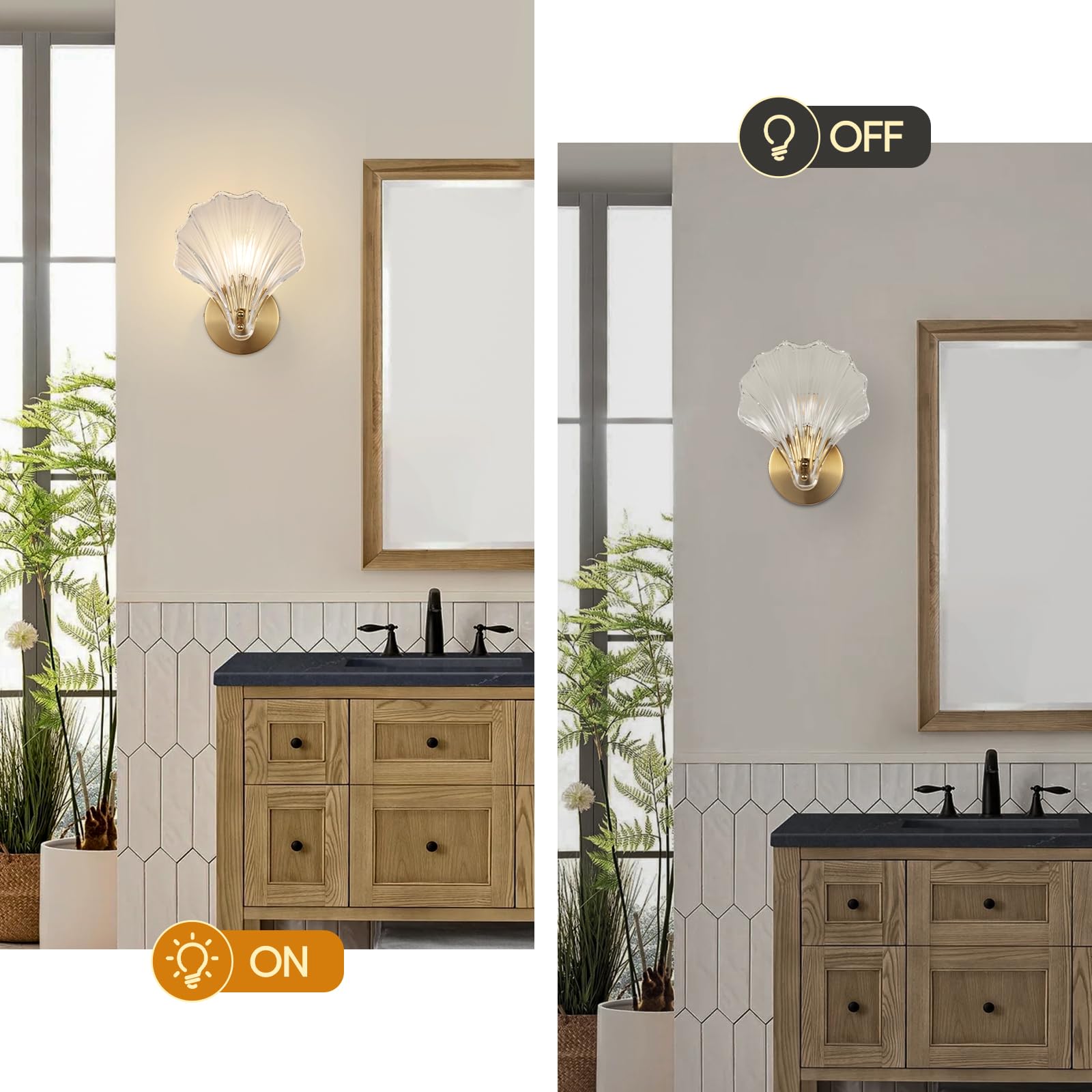Set mit 2 goldenen Glas-Wandleuchtern mit klaren Glasschirmen in Muschelform, Mitte des Jahrhunderts, goldfarbenes Schminklicht, Messingbeschläge für Badezimmer neben dem
