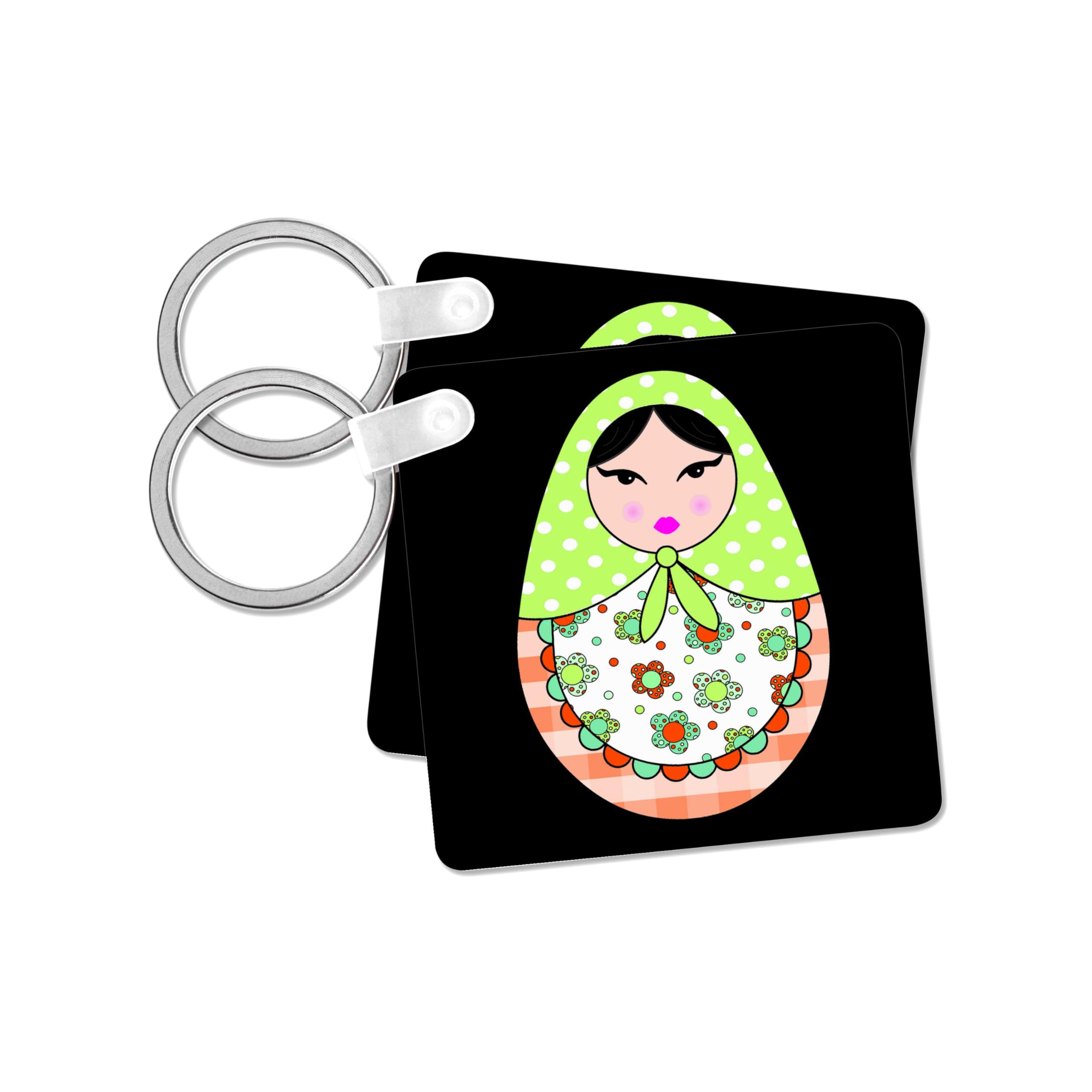 3dRose, Cute Russian Matryoshka Nesting Doll Black Hair - Warm Colors Black, set of 4 Key Chains