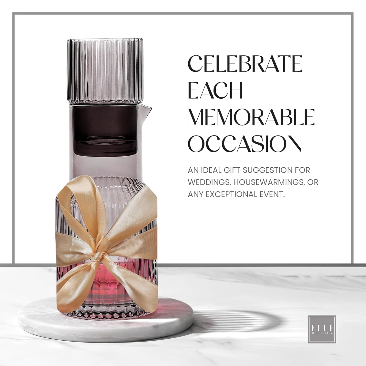 elle decor Gray Ribbed 2 Pc Carafe Set | Bedside Night Water Carafe | Glass Pitcher and Cup that Doubles as a Lid | Glass Tumbler Perfect for Storing Water, Juice, and Other Drinks on Desktop/Shelf - Image 4