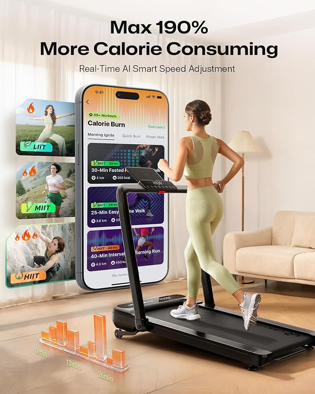 UREVO Smart Treadmill with 9% Incline, 3-in-1 Foldable Treadmill with Handle for Home/Office Fitness, Runner-Focused Design, 6 HIIT Programs & Auto Incline Follow Mode, 2 Display Screens, Plug & Play image 2