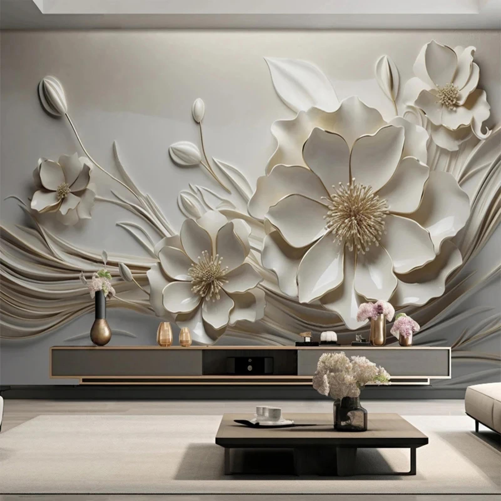 Papier peint 3D en relief floral élégant pour décoration murale de salon