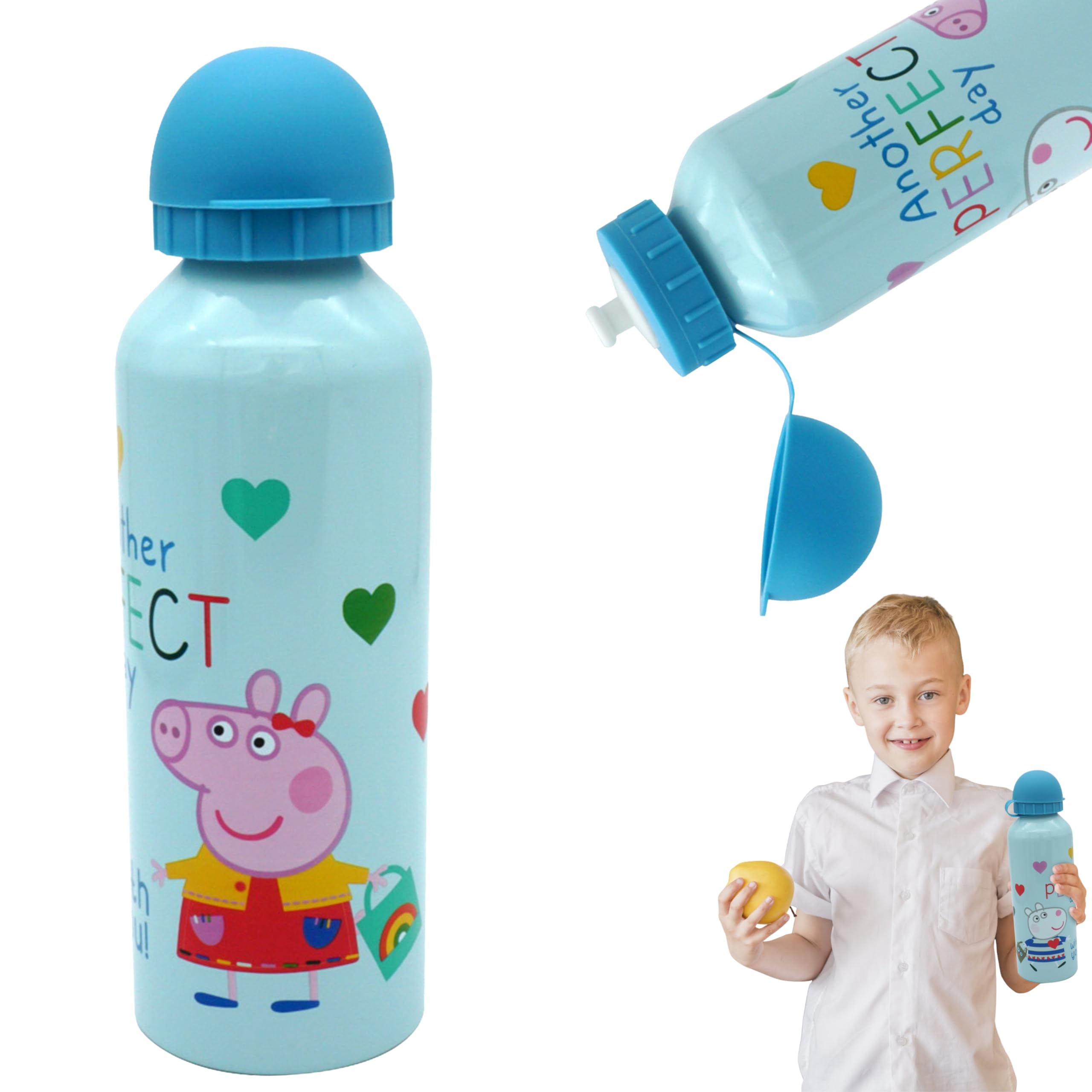 Srv Hub Boys Peppa Pig Blue 500Ml Aluminium Peppa Pig Water Bottle, Hydrated Drinking Flask Non-Spill Bpa Free Lightweight Leakproof Kbt Disney Reusable Drinking Bottle For Kids Sports School 3+ Years | 21Cm