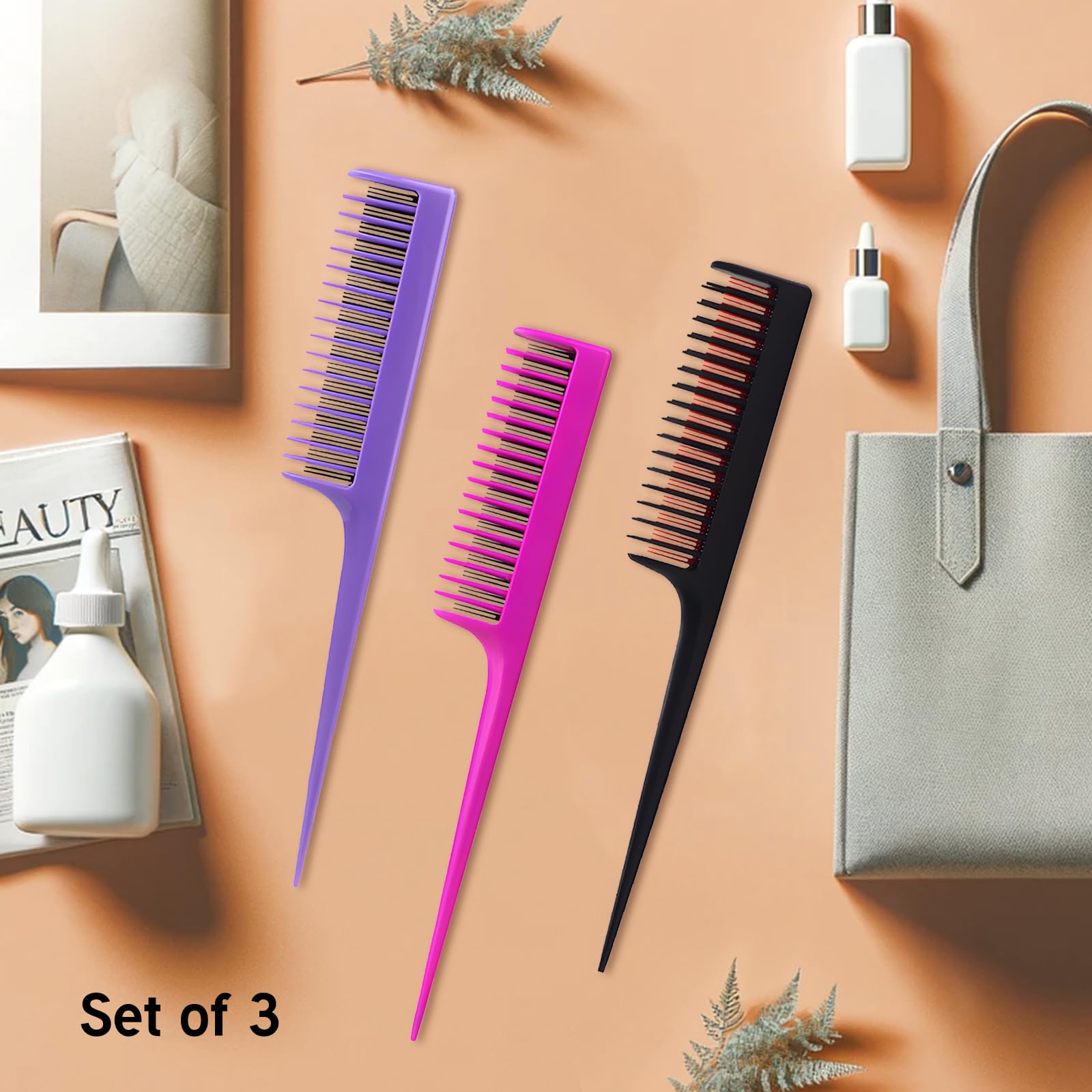 Paquete de 3 peines profesionales para la cola para bromas de raíces para tipos de cabello fino y normal, para añadir volumen, peine para mujeres y hombres, 8.15 pulgadas, negro, magenta y morado 7