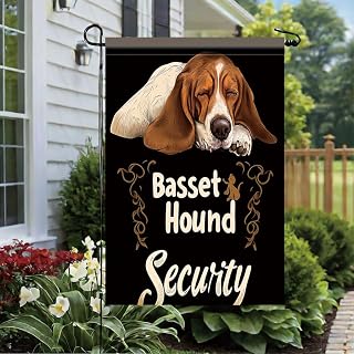 Basset Hound Security Garden Flag 12x18 Inch Double Sided Outdoor Yard Banner Funny Sleeping Dog Sign for Home Porch Lawn Pet Lovers Decoration