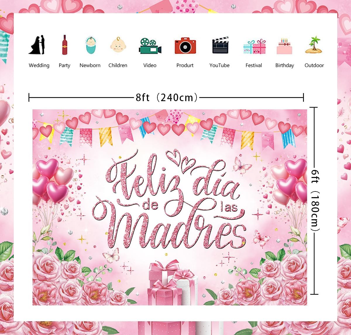 Feliz Dia De Las Madres Backdrop Pink Rose Floral Heart Love Glitter Spanish Mother's Day Photography Background Girl Women Mom Birthday Party Decorations Banner Photo Props (8x6FT)