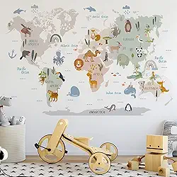 Adesivos de parede com mapa do mundo animal selvagem, floresta animais selvagens, elefante, macaco, arte de parede, vinil, faça você mesmo, removível para crianças, meninos, quarto, berçário,