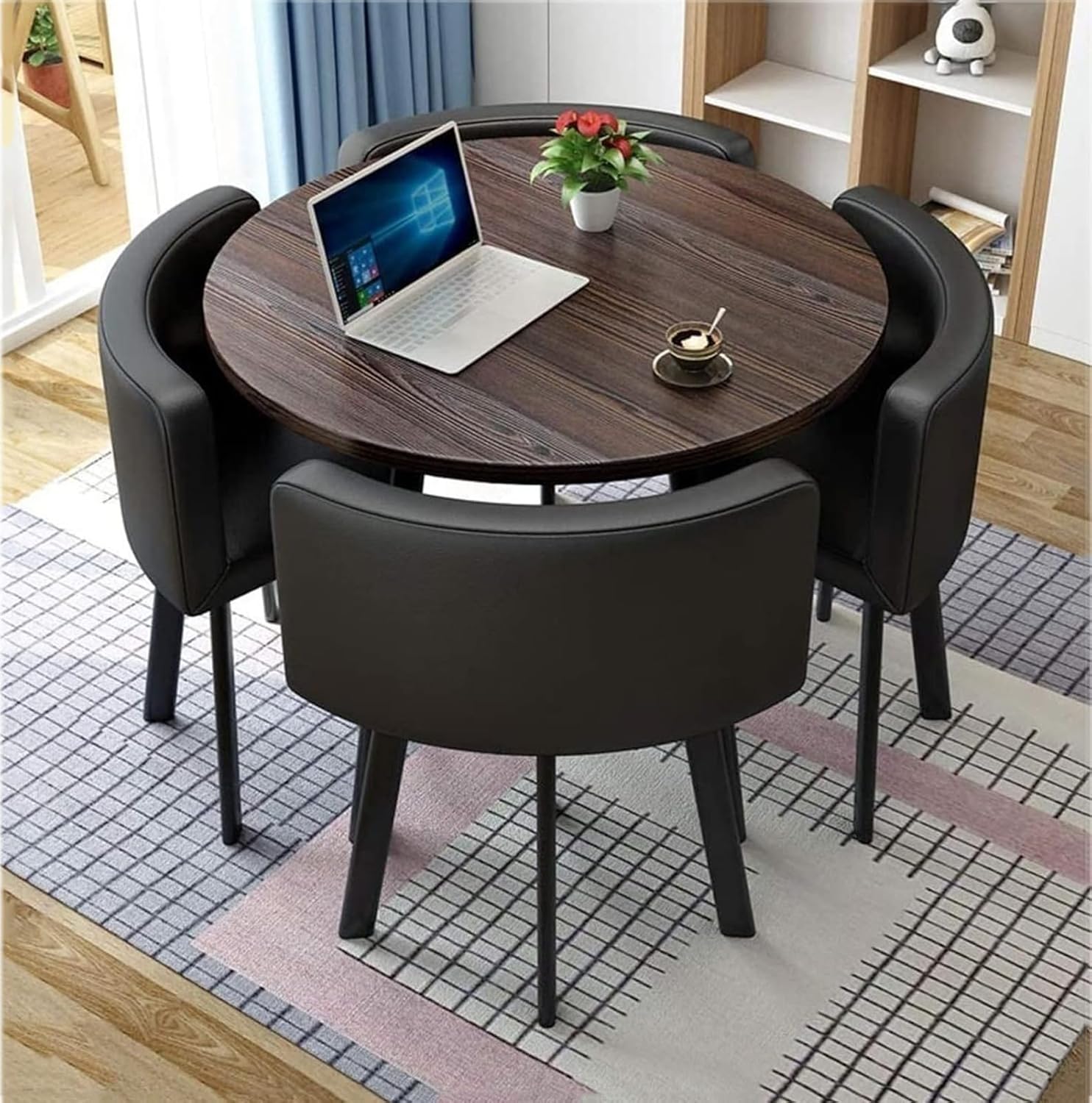 Office Conference Room Coffee Table w/ 4 Chairs, Round Dining Table and Chairs, Coffee Table and Upholstered Chair Set for Home Break Room,Black Leather