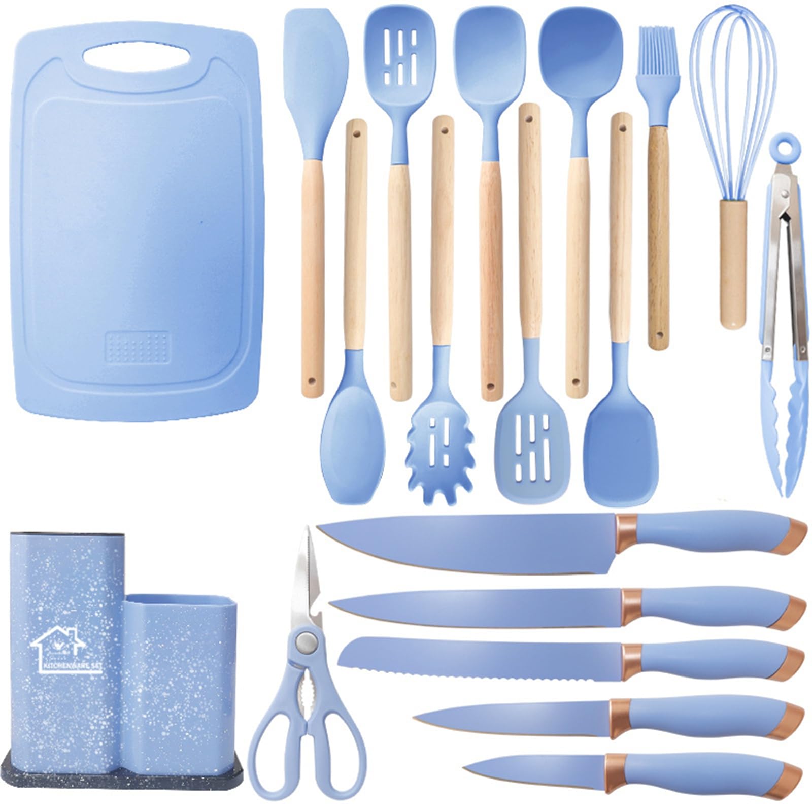 Küchenmesser Set 19 Teiliges Küchenutensilien Set Silikon Küchenhelfer Set mit 12 Kochutensilien,5 Messern,Schneidebrett und Halter,Spülmaschinengeeignet (Blau)
