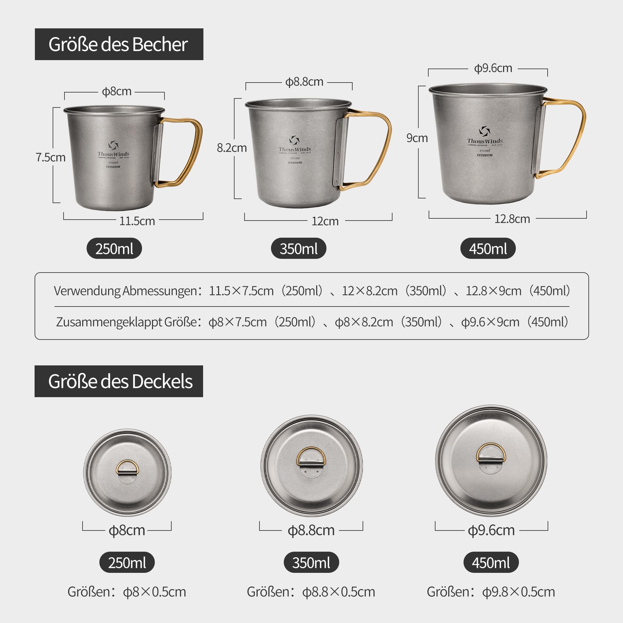 Thous Winds Titan Outdoor Tasse 350ml, Titan Camping Becher mit Deckel & Klappgriffen – Tragbare Becher Leichter Kaffeebecher für Camping, Wandern, Trekking, Kochen, Picknick