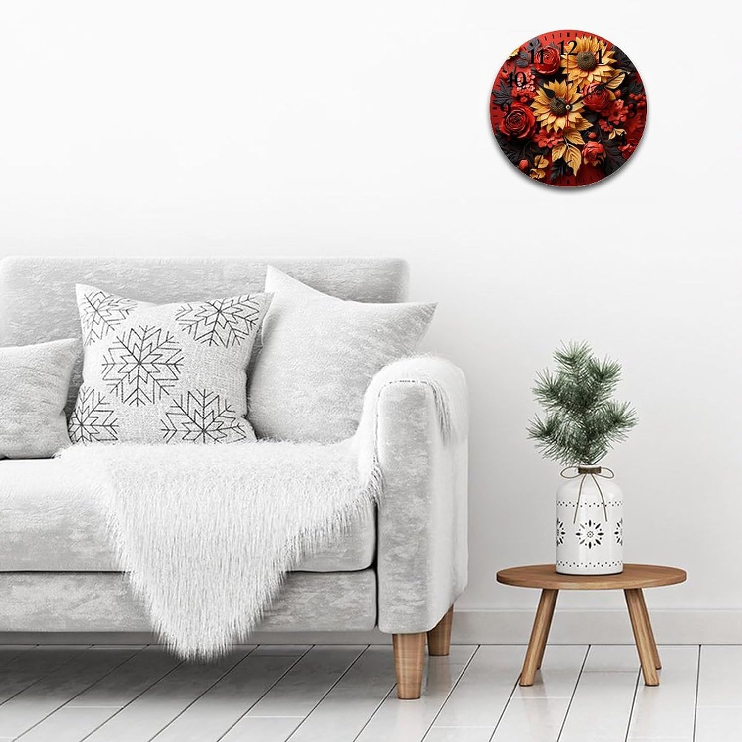 Sunflower Floral Red Wall Clock Shabby Chic Vintage Red Sunflower Wooden Hanging Clock Silent Non-Ticking Home Office Arabic Numeral 12 Inch Round Christmas Birthday Gift for Friends Family