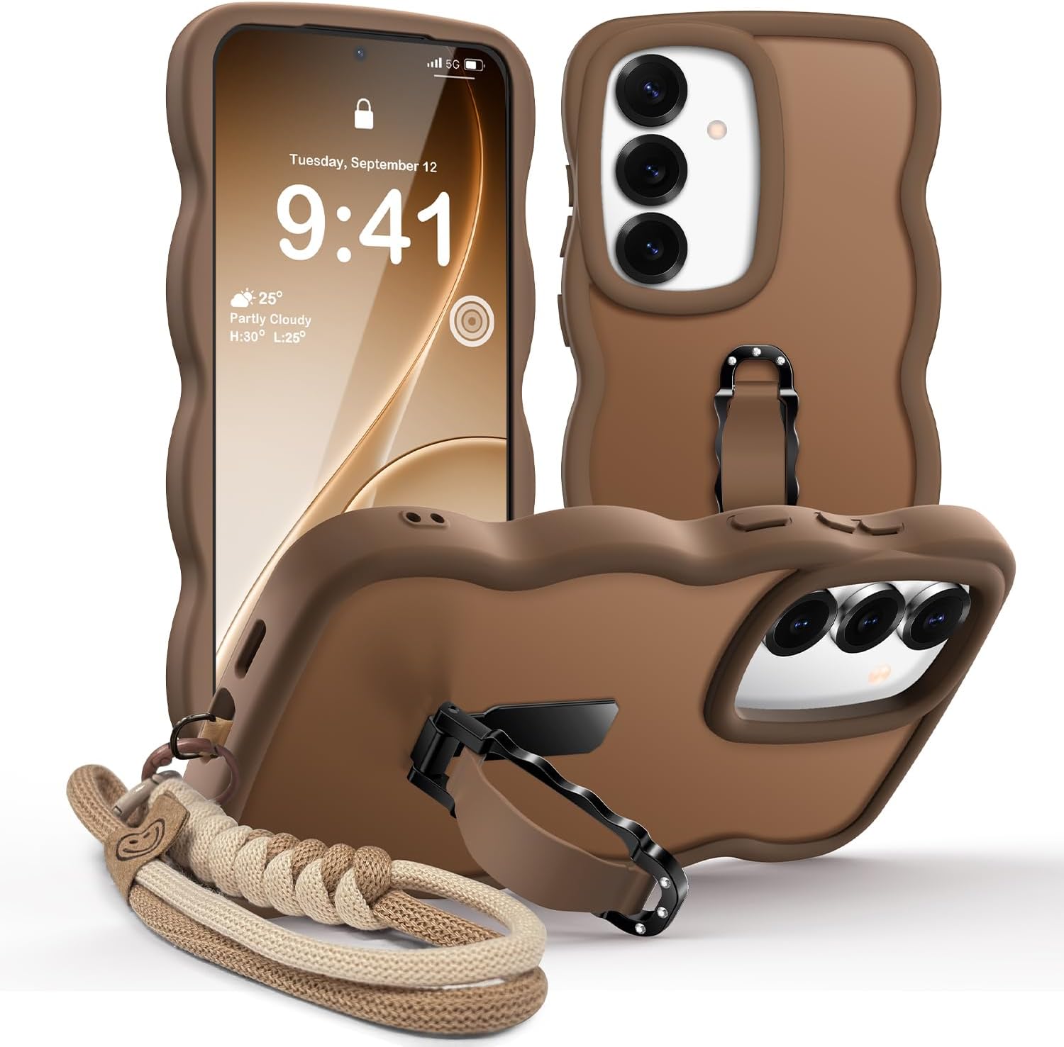 XYZ for Samsung Galaxy S24 Case with Stand & Strap, Wavy Phone Case Brown