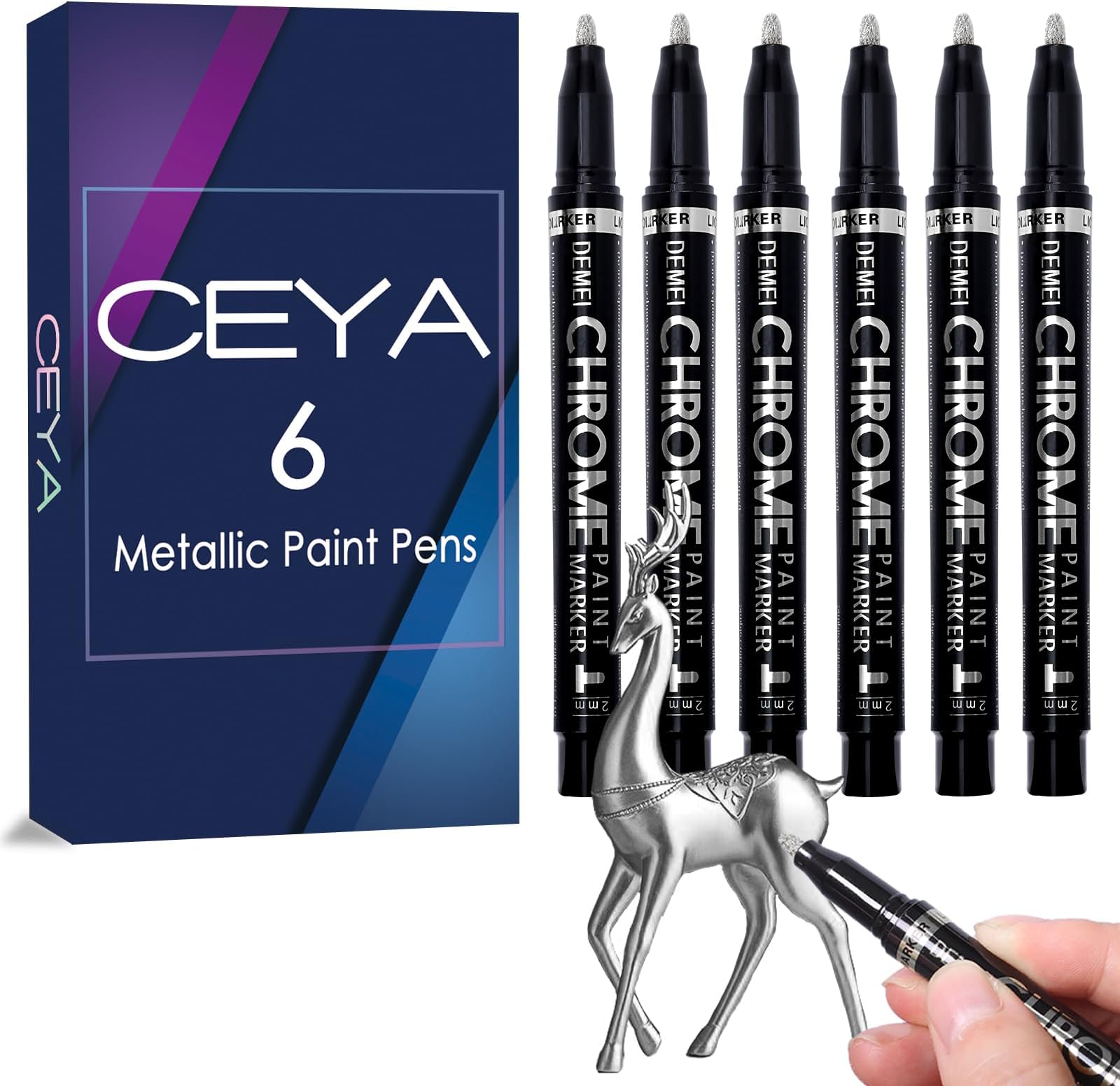 ceya Chrome Paint Markers, 6 Silver Liquid Mirror Paint Pens, Permanent Reflective Pen Metallic Marker 2-3mm for Model Repairing,Rock Painting,Wood,Canvas,Epoxy Resin, DIY Nail Art,Car Supply