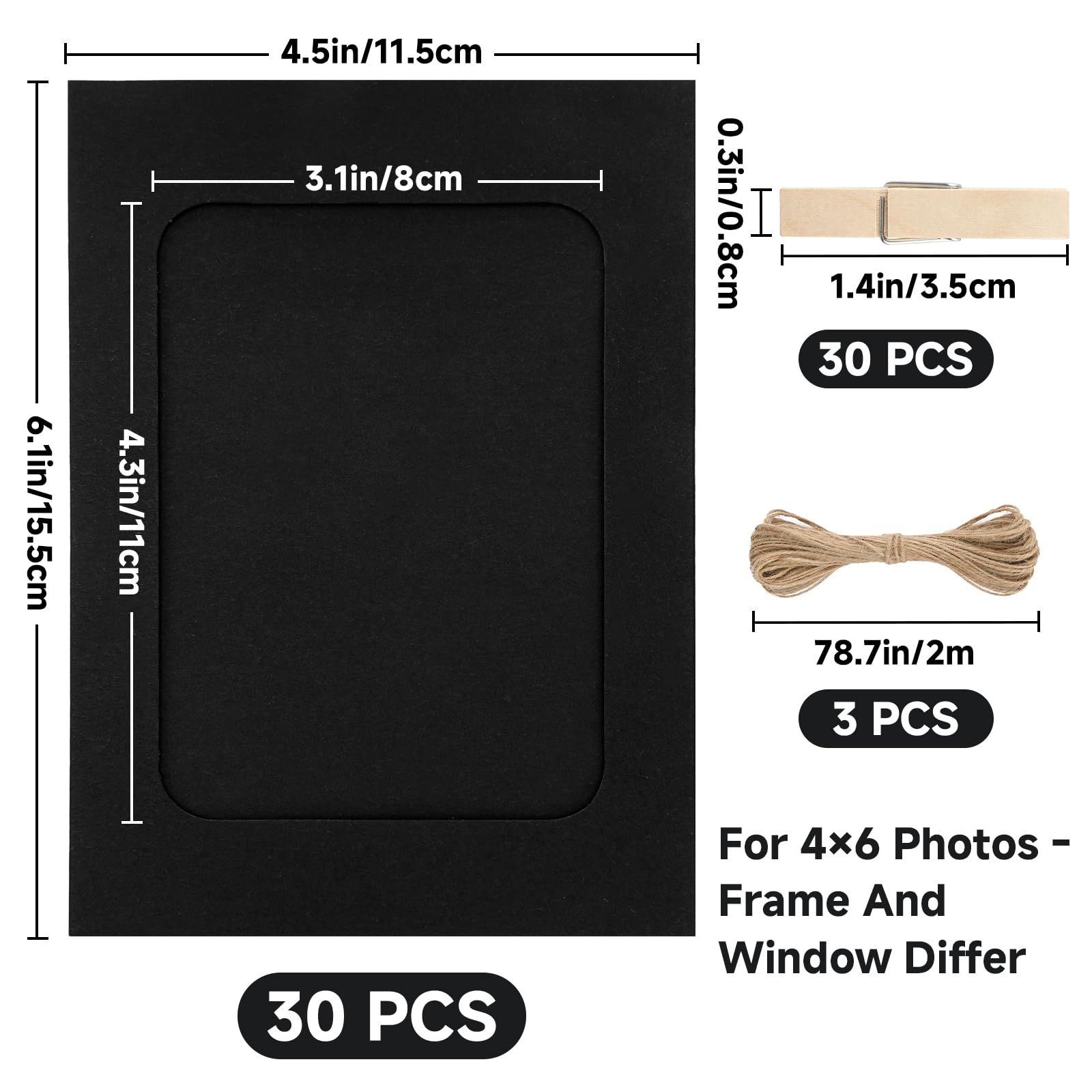 Anwyll Marcos de fotos de papel de 4 x 6 pulgadas, 30 marcos de fotos de papel negro, marcos de fotos de cartón con clip y cuerda, soportes para fotos, kit de exhibición para colgar fotos, decoración