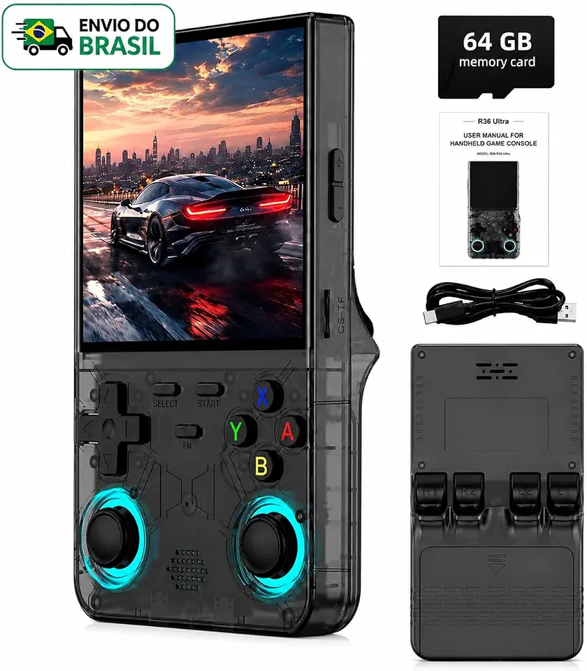 Console Portátil R36 Ultra 64GB com Tela IPS 4", Wi-Fi, Processador Quad Core, Compatível com Múltiplos Emuladores, Bateria Recarregável USB-C
