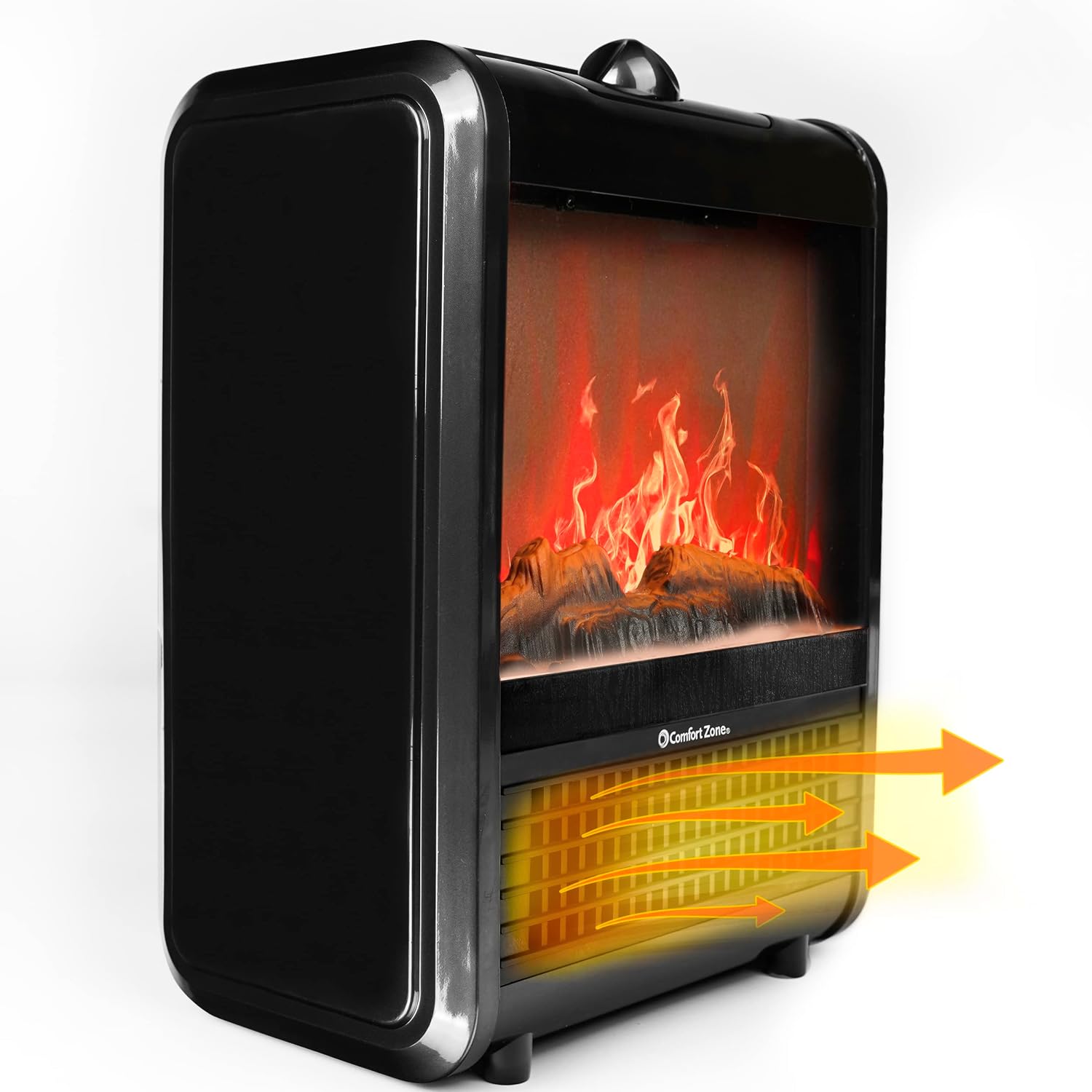 Comfort Zone CZFP1BK 600/1,200-Watt Mini Fireplace Heater with Realistic 3D Flame, Stay-Cool Body, Carry Handle, Overheat Sensor, and Safety Tip-Over Switch, Black