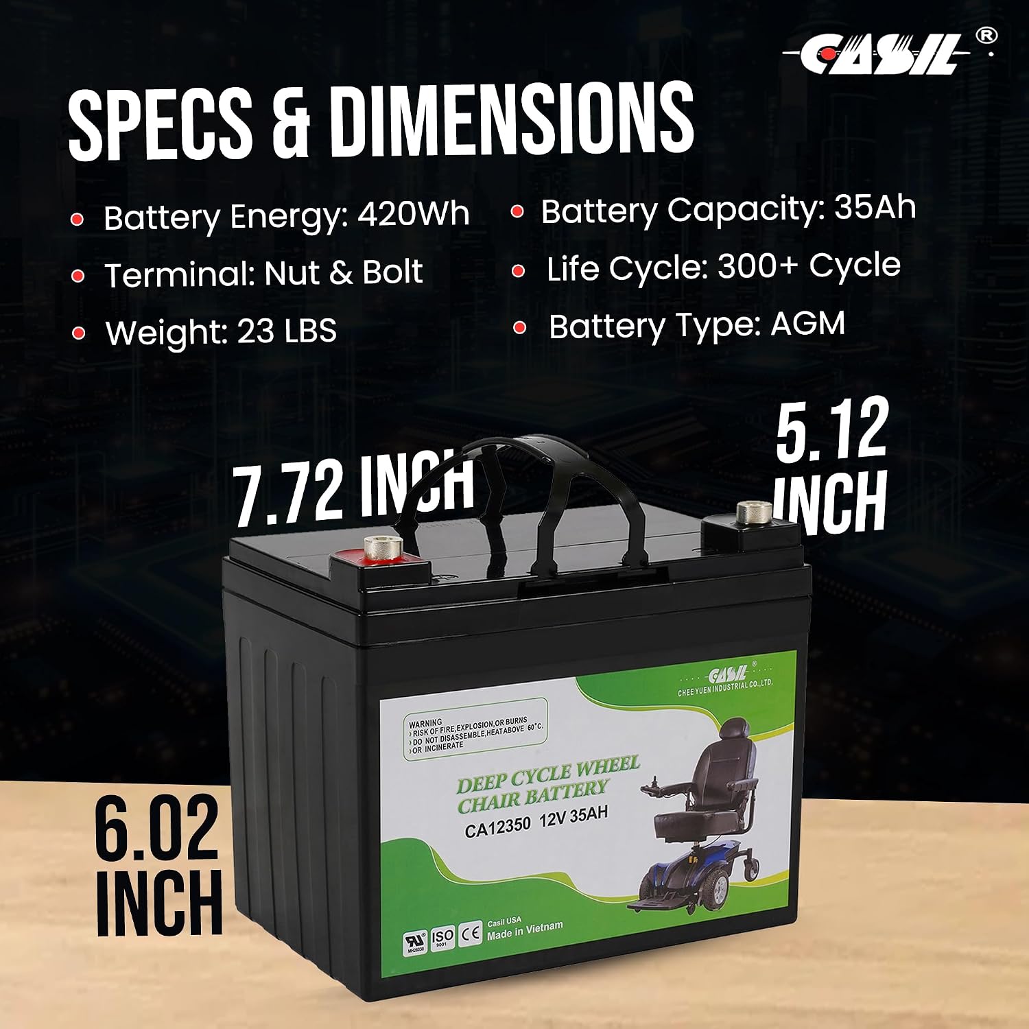Casil 12V 35AH U1 Wheelchair Battery, 12 Volt Deep Cycle Battery Replaces 33ah 34ah 36ah