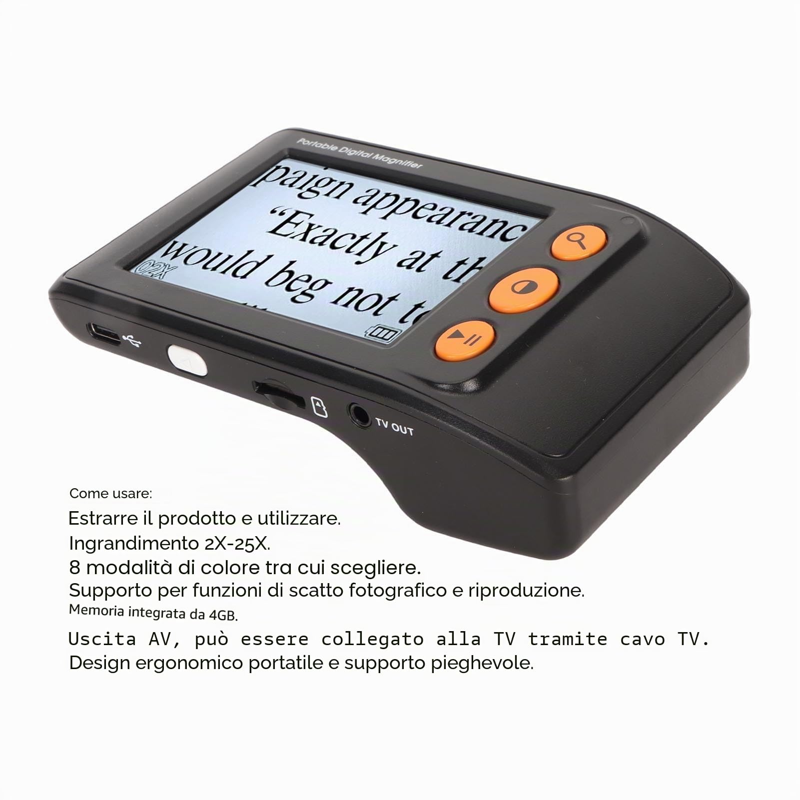 Lente D'Ingrandimento Digitale, Lente D'Ingrandimento Video Portatile Portatile con Ingrandimento 2X‑25X, Schermo LCD da 3,5 Pollici, Ausili di Lettura Elettronici con Uscita AV