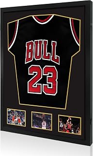 Wooden Jersey Frame Display Case 1 Pack, Large Sports Jersey Shadow Box Frame with Mats and Hanger for Hockey Football Baseball Basketball Soccer Jersey Shirt and Uniform, Black