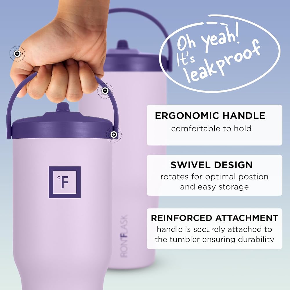 IRON °FLASK Sidekick Insulated Water Tumbler w/Straw & Foldable Handle -Stainless Steel Leak-Proof Bottle, Non-Slip Base, Fits Cup Holders for Hot, Cold Drinks -Travel Mug -30 Oz, Lavender Bliss