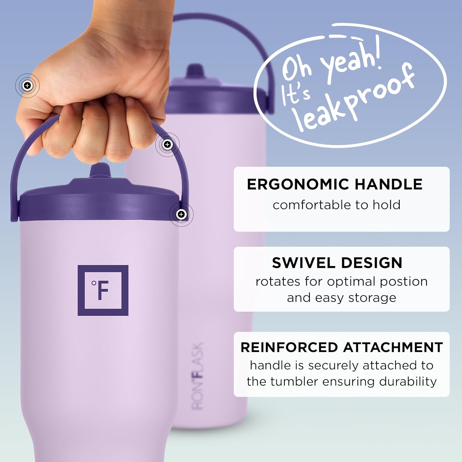 IRON °FLASK Sidekick Insulated Water Tumbler w/Straw & Foldable Handle -Stainless Steel Leak-Proof Bottle, Non-Slip Base, Fits Cup Holders for Hot, Cold Drinks -Travel Mug -30 Oz, Lavender Bliss - Image 3