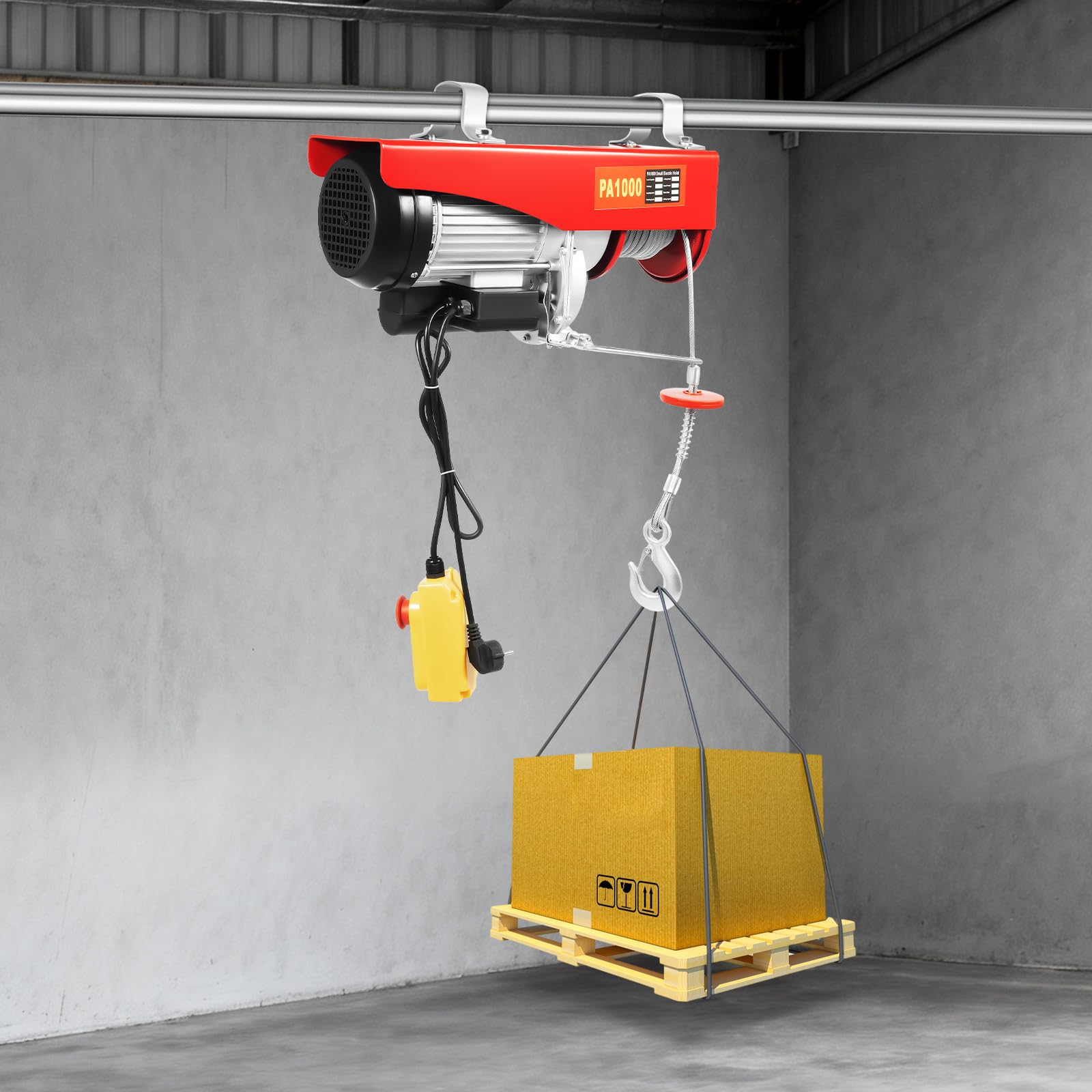 Elektrische Seilwinde 1600W 1000kg, elektrischer Flaschenzug mit 12m Drahtseil & IP40, Hebezeug für Werkstatt, Garage & Lager, 8m/min (500/1000kg, 48cm)
