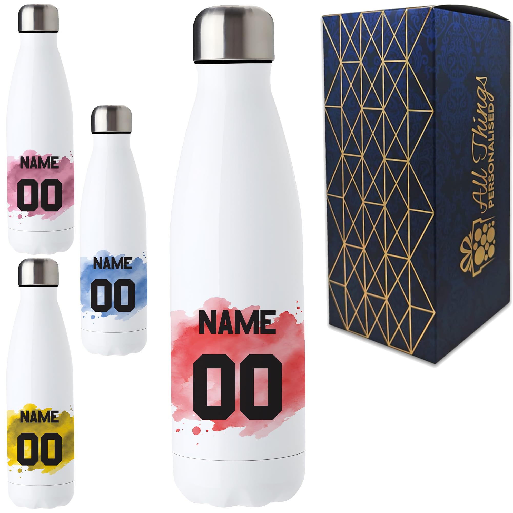 Personalisierte Wasserflasche 500 ml, benutzerdefinierter Name und Nummer, Sportflasche mit Auswahl der Teamfarbe Aquarell-Design, Edelstahl-Trinkflasche, Geschenkbox inklusive, personalisiertes