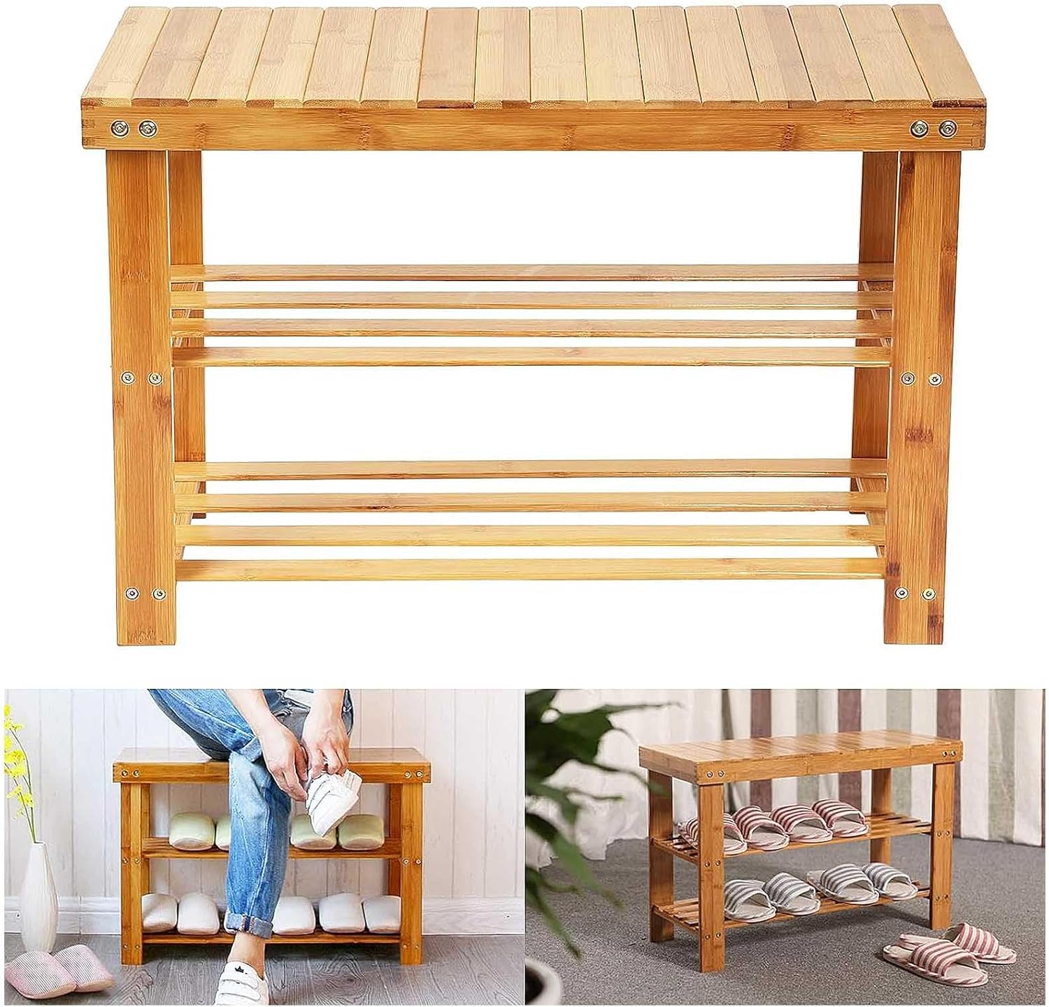 Shoe Storage Bench Small Entryway with, Bathroom Rack with and Seat Bamboo Stool for Hallway Small Space