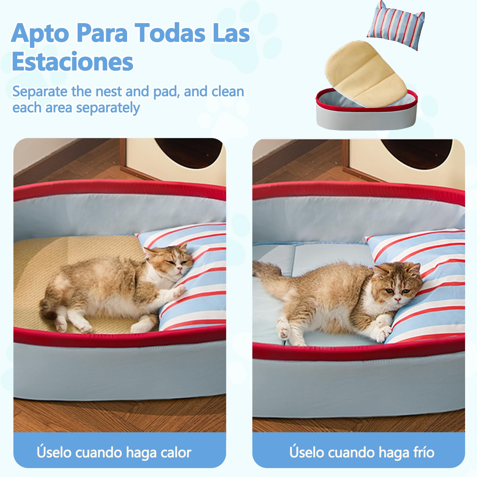 Galatée Cama Refrescante para Mascotas, De Ratán/Tela Oxford, Apta para Todas Las Estaciones, Cama y Colchoneta Separadas, Cama Antideslizante para Gatos/Perros(XL,Azul)