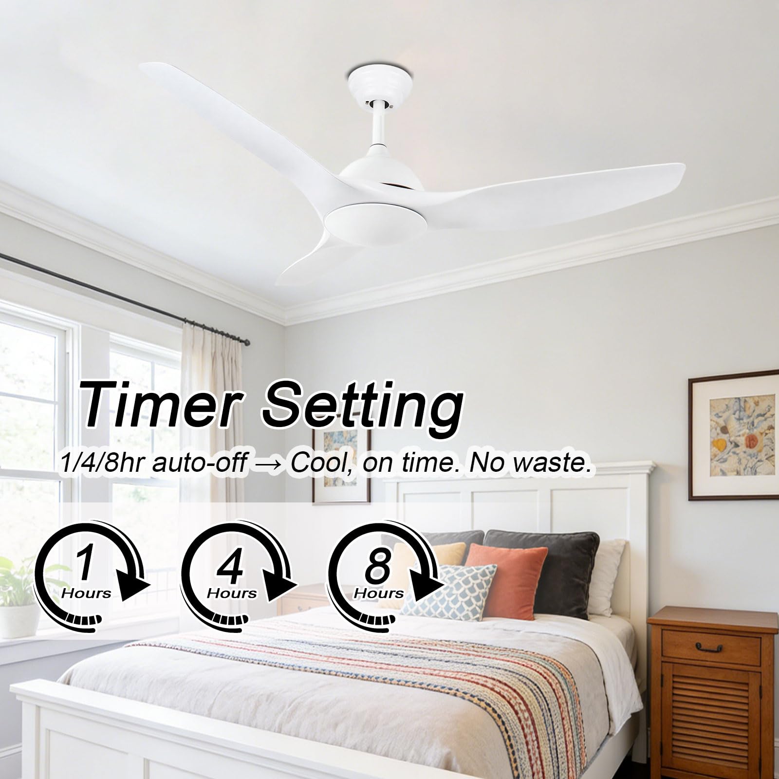 Ventilatore da soffitto a Basso Profilo da 52 Pollici Senza Luce, Bianco, Silenzioso, Ideale per Camera da Letto, Stile Rustico, Patio, Interni, Moderno, Intelligente, con telecoma