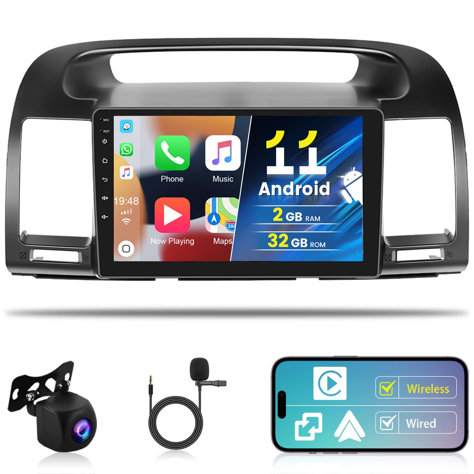 for 2001-2006 Toyota Camry Radio, Roinvou 2+32G Android 11 Wireless CarPlay Car Stereo with Android Auto 9'' Touch Screen Bluetooth Car Radio Support Mirror Link GPS WiFi SWC RDS DSP Backup Camera