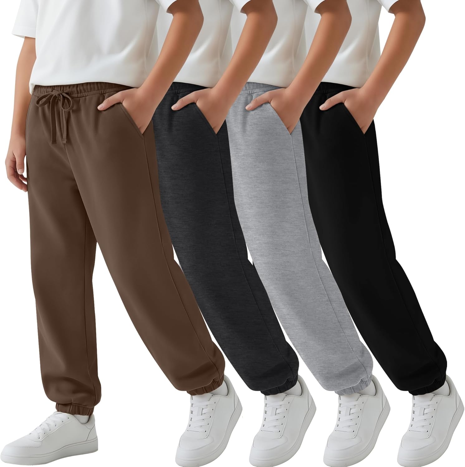 4 Pack Boys Joggers Athletic Drawstring Sweatpants Kids Relaxed Fit Soft Sweat Pants Size 5-14 Years with Pockets