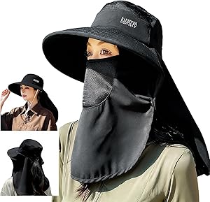 [YUMISS] 帽子 レディース UVカット 【昇級版広範囲の日よけ・取り外す可フェイスカバー・-5℃涼感】 つば広 遮光 遮熱 紫外線対策 日よけ メッシュ 通気 あご紐付き 風に飛ばない サイズ調整 小顔効果 快適 自転車 ハット