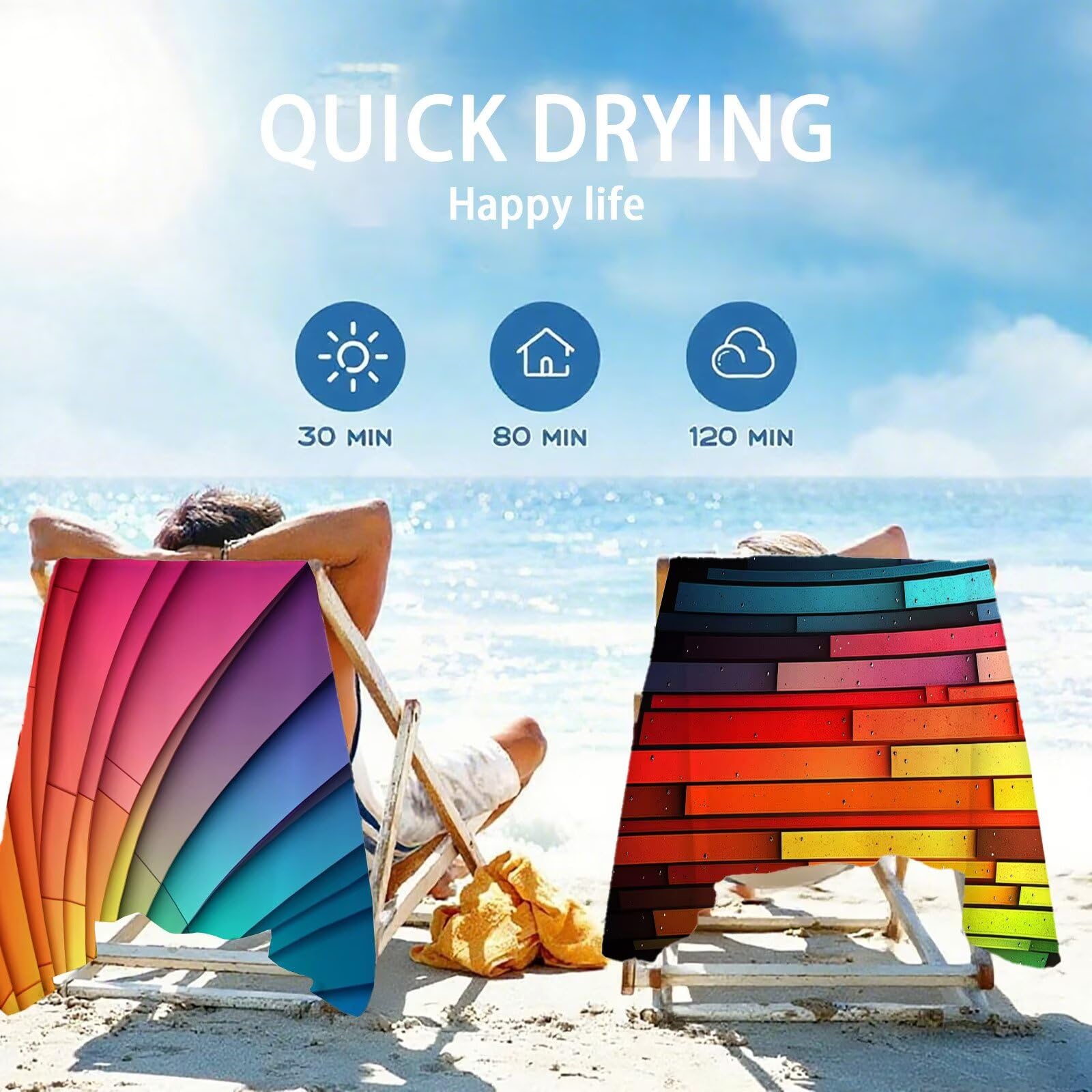 OC-500 ręcznik plażowy, kolorowy, z mikrofibry, w paski, rozmiar XXL, 220 x 100 cm, 2 sztuki, nie zawiera piasku, super chłonny ręcznik sportowy, ręcznik do pływania, na podróż, urlop, do leżenia