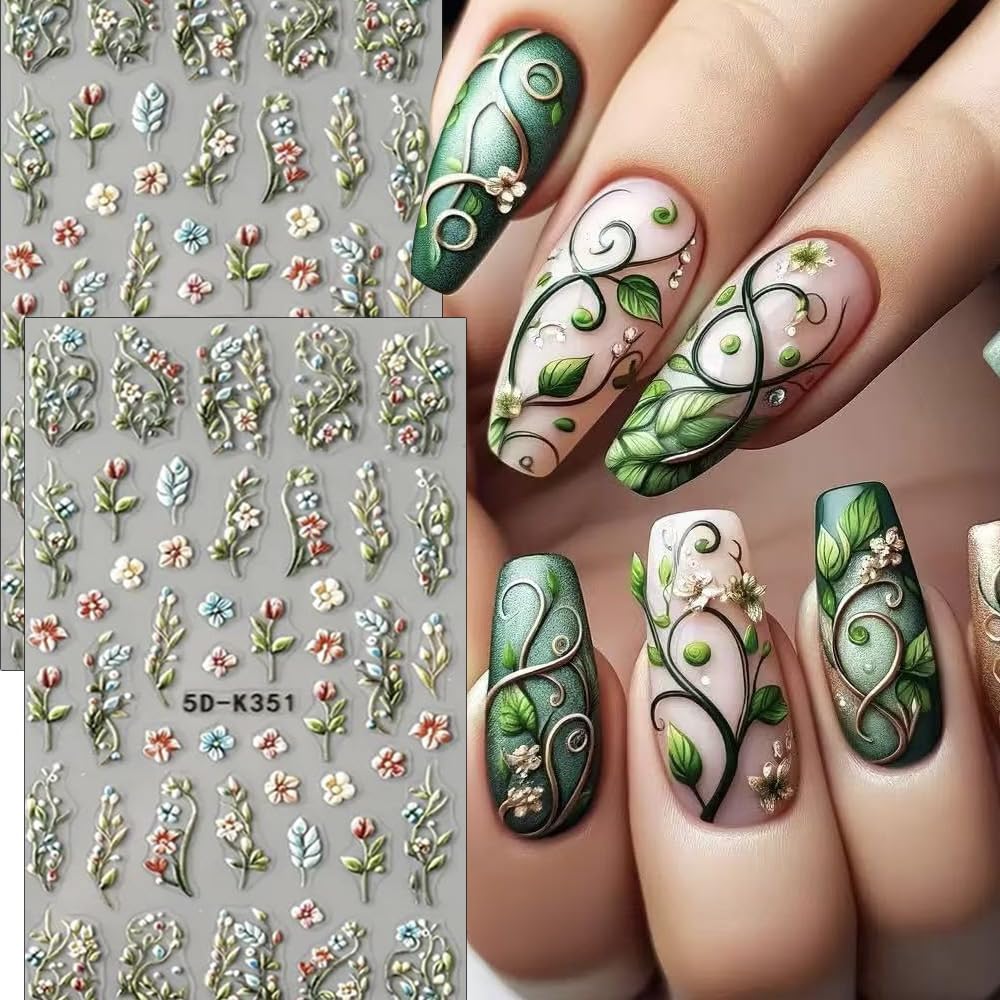 Flower Nail Stickers 5D Embossed Nail Art Stickers Floral Nail Decals DIY Self Adhesive Spring Green Vine Flower Design Summer Nail Decoration for Women Supplies Manicure Accessories 2Pcs image 5