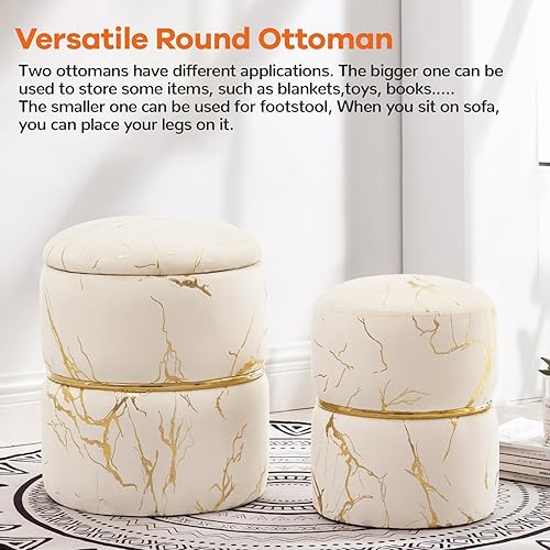 Miniatura 6 de Furniliving Juego de 2 otomanas redondas de almacenamiento, modernas sillas de terciopelo con estampado de lámina de lujo, mesa de café, reposapiés