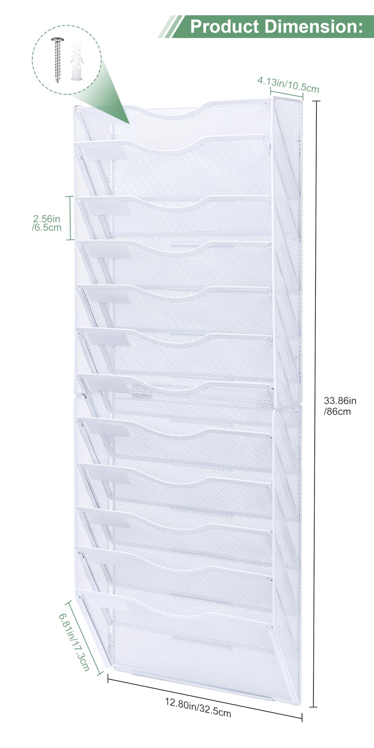 TQVAI 12 Ripiani Organizer Documenti Parete, Metallo Portariviste Parete Scaffale per Documenti A4 Organizzatore Scrivania Ufficio Casa, Bianco