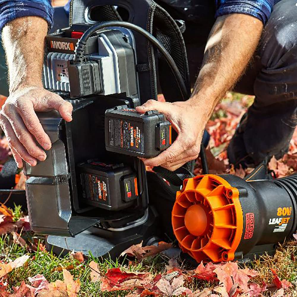 WORX WG572E Nitro Power Share to Bezszczotkowa Dmuchawa Plecakowa Zasilana przez 4 Akumulatory 20 V 4 Ah Power Share Zapewniające 80 V Mocy i Wydajności