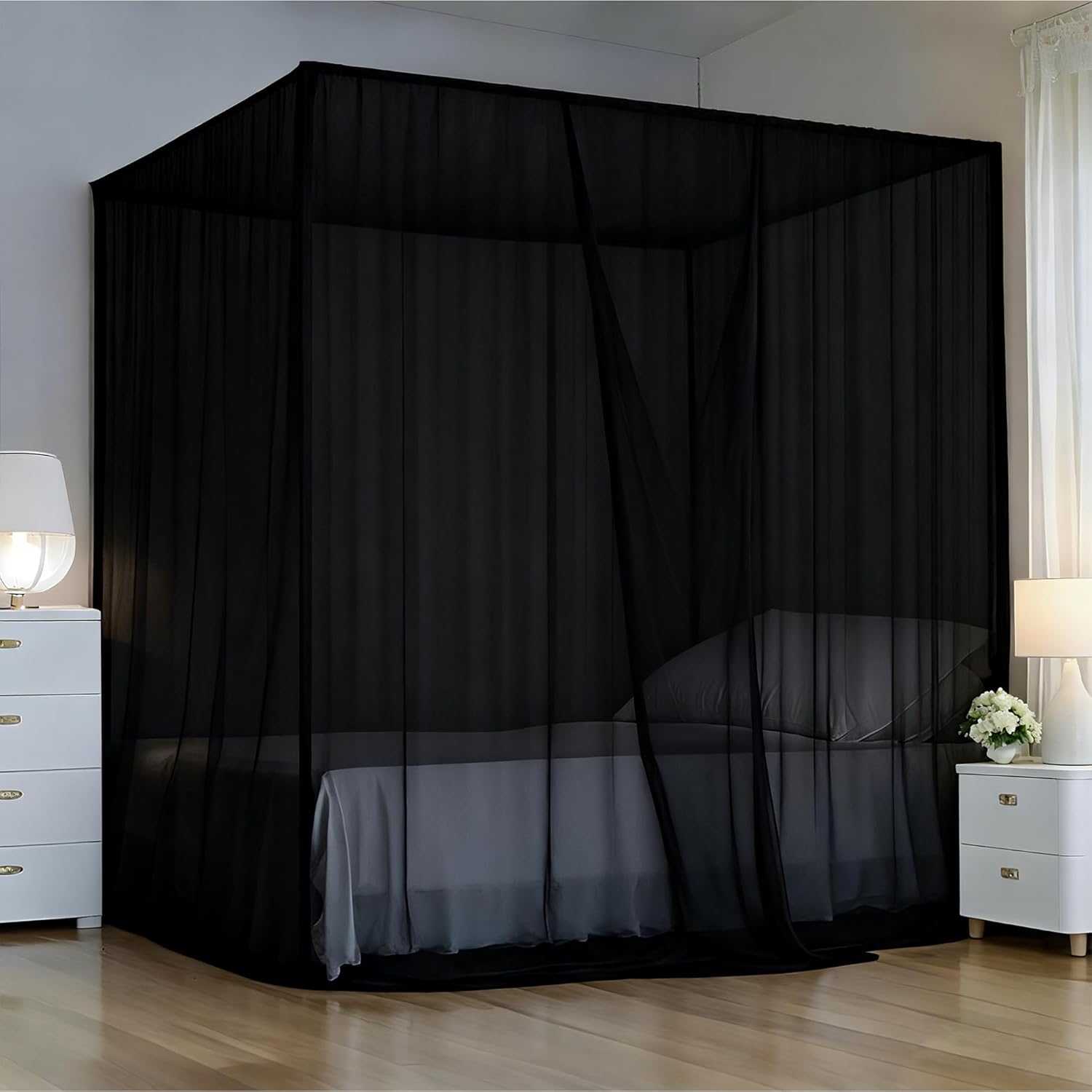 lazyzzz Bed Canopy, Black Canopy Bed Curtains Bed Drapes Mosquito Net for Queen Size Bed, Bedroom Decor Drapes Patio Indoor Outdoor Room Decor Mosquito Netting