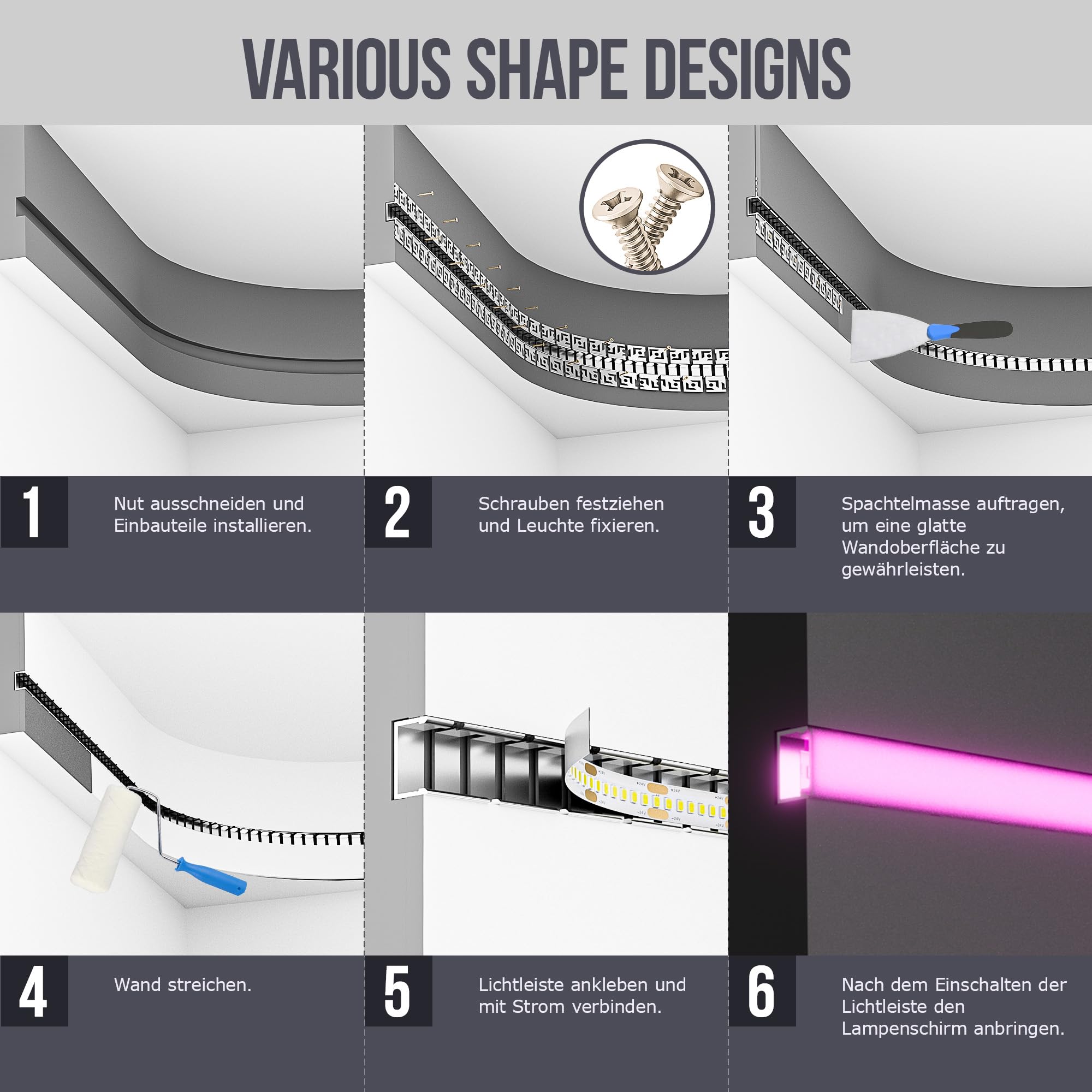 Shine Plus Profilo LED flessibile per controsoffitti 2m, guida LED curva per strisce LED, flessibile per costruzioni a volta e decorazioni murali (FS61_2m, 20 pezzi)