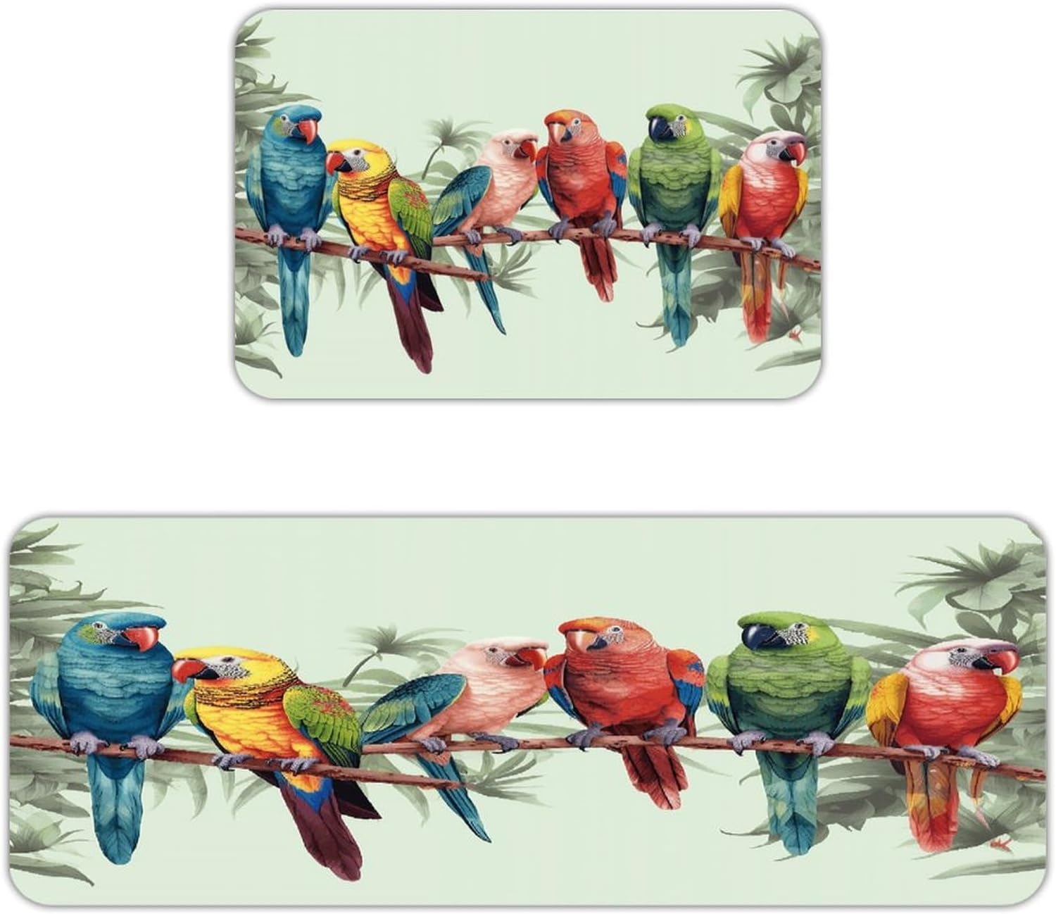 Colorful Parrots On Tree Kitchen Mat Washable Non Slip Rugs Soft Kitchen Mats for Floor Set of 2 PCS Cushioned Absorbent Runner Standing Rugs for Home Sink Laundry Office
