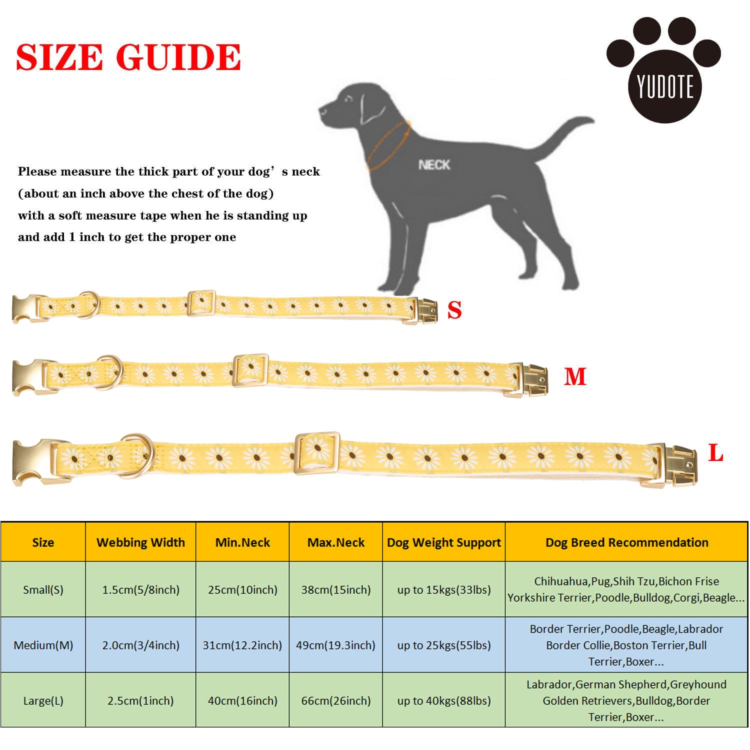 YUDOTE Collare per cane in morbido velluto a coste con nastro jacquard a motivi floreali per cani di taglia grande, uso quotidiano, giallo
