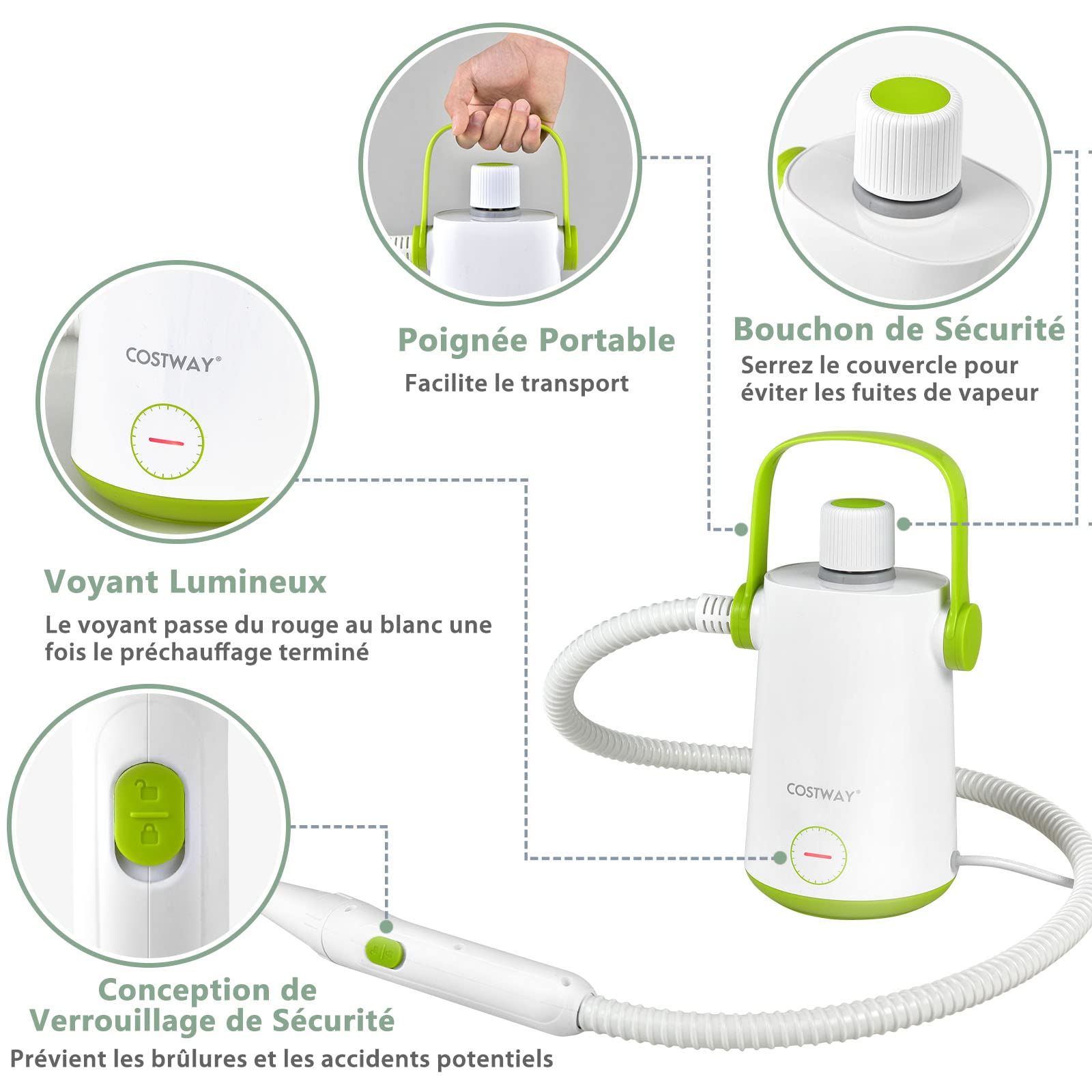 COSTWAY Nettoyeur à Vapeur à Main Portable 1000W avec Réservoir d'Eau de 300 ml, Machine de Nettoyage 10 Accessoires avec tuyau 116CM et cordon 3M, pour Vêtements Vitres Pneus (Blanc + Vert)