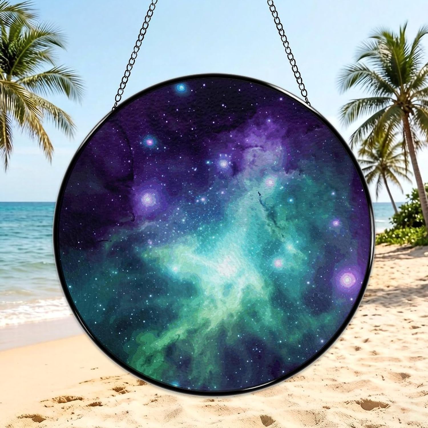 Stained Glass Window Hanging 30x30cm Window Suncatcher Glass Panel with Metal Chain Green Blue Purple GalaxySun Catchers Wall Art Home Decor Gift for Women Mother's Day