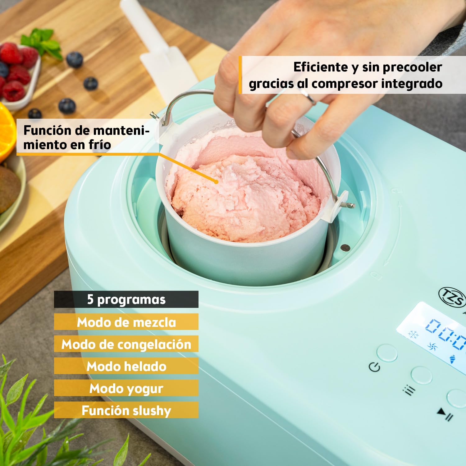 TZS First Austria - Heladera 1L con Compresor 3 en 1-100W Máquina de Helados Autorefrigerante para Yogur Helado, Sorbete y Crema - Turquesa